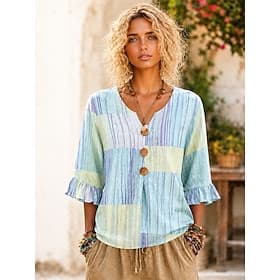 Femmes Chemise Patchwork Boutons Imprimé Fleuri Graphique ancien Élégant Manche Courte Manche 3/4 Col en V Hauts Réguliers Occasionnel Quotidien Fête Bleu Wedg