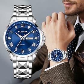 Montre homme Sunkta, élégante et raffinée, cadran bleu, bracelet en acier inoxydable, mouvement à quartz, étanche, aiguilles lumineuses, jour et date, chiffres