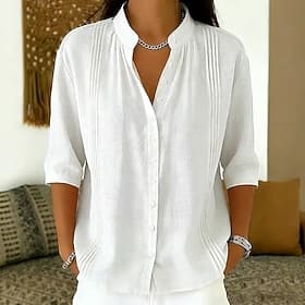 Femmes Chemise Chemisier Patchwork Couleur Unie Élégant Occasionnel Manche 3/4 Col montant Hauts Longs Occasionnel Bleu Marron café Blanche Rose Claire Kaki Ét