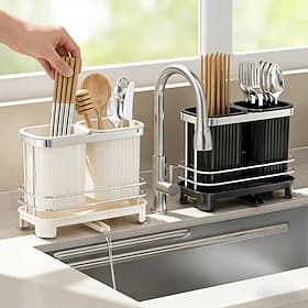 Égouttoir à vaisselle de cuisine avec plateau auto-égouttant, porte-ustensiles pour baguettes, cuillères et couverts, égouttoir antidérapant pour plan de trava
