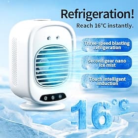 Refroidisseur d'air portable, ventilateur climatiseur personnel avec humidificateur à brume glacée nano, refroidissement rapide jusqu'à 16 °C, 3 vitesses, vent