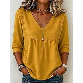 Women's Shirt Solid Color Plain Bohemia Vacation Vintage V Neck Long Tops Casual Blue Khaki Black White Yellow Summer Spring