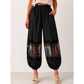Femmes Pantalon boho Pantalons Fuselés Élégant ancien Longueur complète Taille haute Dentelle Trou Non Elastique Vacances Formel Noir Été Printemps Coupe Ample