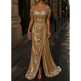 Sirène Trompette Traîne Balayage Robe de Soirée Tenue de soirée Élégant Éclat Manche Courte Col ras du cou Soirée Mariage Motif Brillant avec Froncé Cristaux