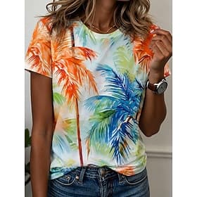 Women's T Shirt Print Graphic Plants Stylish Classic Casual Short Sleeve Crew Neck Regular Tops Casual Daily Blue Purple Orange Summer Spring