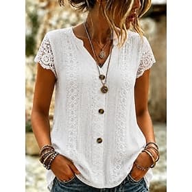 Femmes Haut à œillets Chemise Bohème Chemise en Dentelle Dentelle Bohème Vacances Quotidien Sans manches Col en V Hauts Longs Occasionnel Quotidien Fête Blanch