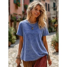 Femmes 100% Coton T-shirt Chemise en coton Hauts effet délavé vintage Uni ancien Mode Élégant Manche Courte Col ras du cou Col rond Hauts Réguliers Occasionnel