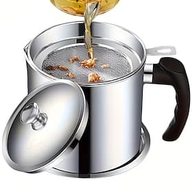 Récupérateur de graisse de bacon en acier inoxydable 304 avec poignée, passoire et couvercle Plateau antidérapant, passoire à graisse de cuisine de 1,3 l/44 oz