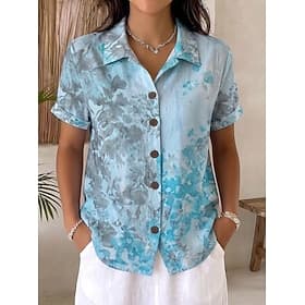 Femmes Chemise Boutons Imprimé Fleuri Graphique Quotidien Élégant Occasionnel Manche Courte Col de chemise Hauts Longs Occasionnel Quotidien Bleu Jaune Été Pri
