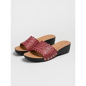 Sandales confortables bordeaux pour femme – mules brodées à motifs floraux et rivets Semelle compensée légère pour les promenades estivales, les voyages et le