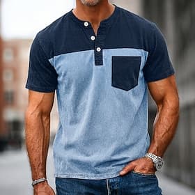 Homme Chemise Henley Chemise 100% coton délavée à l'acide Manche Courte Bloc de Couleur Patchwork Rétro Vintage Occasionnel Henley Patchwork Le style rétro Blo