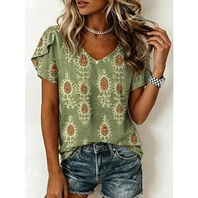 Women's Blouse Print Graphic Geometric Vintage Daily Stylish Short Sleeve Crew Neck Regular Tops Casual Daily Yellow Pink Green Summer Spring