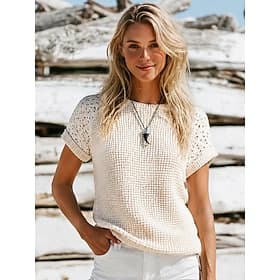 Femmes Tricot côtelé Tops tricotés texturés Haut d'épissage en dentelle Dentelle Protection solaire Bohème Mode Manche Courte Col ras du cou Hauts Réguliers Oc
