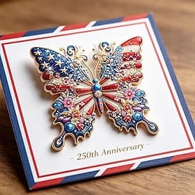 Broche commémorative du 250e anniversaire des États-Unis, broche papillon drapeau américain en strass, épinglette patriotique 1776-2026 pour femme, bijou cadea