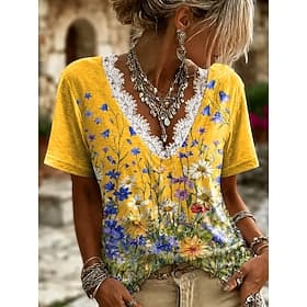 Halloween Femmes T-shirt Dentelle Fleuri Graphique Plantes Élégant Classique Occasionnel Manche Courte Col en V Hauts Réguliers Occasionnel Quotidien Bleu Jaun
