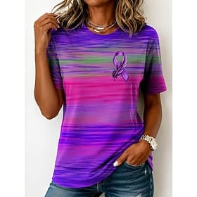 Femmes T-shirt Imprimé Graphique Géométrique Rayé ancien Élégant Classique Manche Courte Col ras du cou Hauts Réguliers Occasionnel Quotidien Violet Été Printe