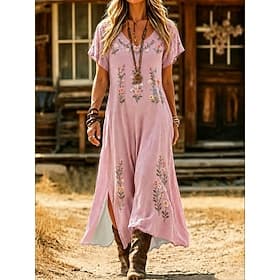 Femmes Robe Midi Robe Décontractée Robe trapèze Occasionnel Plage Coupe régulière Fleuri Graphique Manche Courte Col en V Bleu Jaune Rose Claire Rouge Été Prin