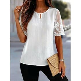 Women's Blouse Lace Tops Lace Patchwork Plain Stylish Modern Short Sleeve Crew Neck Regular Tops Casual Beach Holiday White Summer Spring