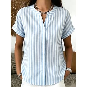 Femmes Chemise Chemisier Imprimé Graphique Rayé Bohème Quotidien Occasionnel Manche Courte Col en V Hauts Réguliers Occasionnel Bureau Bleu Ciel Mer bleue Jaun