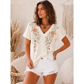 Femmes T-shirt Imprimé Fleuri Graphique Plantes Mode Élégant Classique Manche Courte Col en V Hauts Réguliers Occasionnel Quotidien Sports Blanche Violet Vert