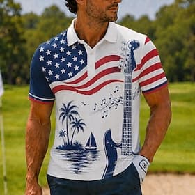 4th of July 2026 250th Men's American US Flag Palm Tree Hawaiian Polo Shirts Short Sleeve Polo Shirts Collared Shirts Casual Athleisure 3D Print Buttons Breath