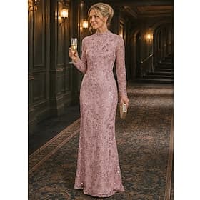 Fourreau Colonne Longueur au sol Robe de Soirée Élégant Scintillant Éclat manche longue Col haut Soirée Mariage Tulle mousseline de satin spandex avec Paillett