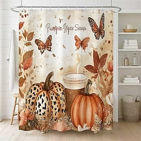 Rideau de douche imprimé citrouille, papillon et feuilles, motif fête des récoltes d'automne, en tissu imperméable, avec 12 crochets en plastique, lavable en m