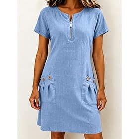 Femmes Robe Longueur Genou Robe Décontractée Robe en Coton Robe d'été Basique Classique Quotidien Vacances Coupe régulière Uni Manche Courte Col ras du cou Ble