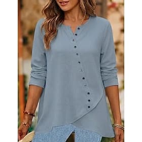 Chemisier femme effet denim uni, élégant, style vintage, manches longues, col V, coupe classique, bleu ciel, été/automne