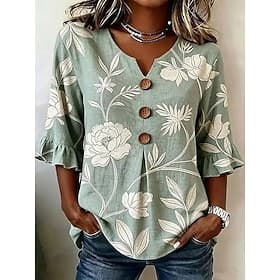 Women's Shirt Patchwork Buttons Print Ombre Floral Graphic Vintage Stylish Short Sleeve 3/4 Length Sleeve Half Sleeve V Neck Long Tops Casual Daily Holiday Gre