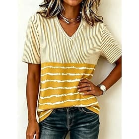 Women's T Shirt Print Graphic Striped Stylish Classic Casual Short Sleeve V Neck Regular Tops Casual Daily Blue Yellow Pink Brown Summer Spring