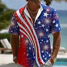 4 juillet 2026, 250e anniversaire Homme Drapeau Américain Feux d'artifice Chemise Chemise d'été Chemise Boutonnée Manche Courte Patriotique Extérieur Festival