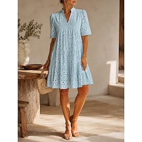 Femmes Robe Longueur Genou robe ajourée Élégant Quotidien Coupe Ample Couleur Unie Manche Courte Col en V Bleu Ciel Noir Blanche Rose Claire Été