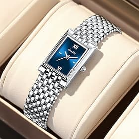Montre rectangulaire pour femme, bracelet en acier inoxydable argenté à perles, cadran bleu soleillé, élégante montre-bijou à quartz, cadeau tendance pour son