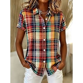Femmes Chemise Boutons Imprimé Graphique Plaid Rayé ancien Quotidien Élégant Manche Courte Col de chemise Hauts Longs Occasionnel Quotidien Orange Été Printemp