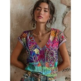 Women's T Shirt Print Floral Graphic Stylish Classic Casual Short Sleeve V Neck Regular Tops Casual Daily Blue Yellow Red Purple Green Summer Spring