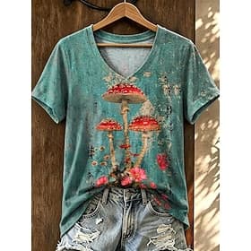 Femmes T-shirt Imprimé Graphique Géométrie Élégant Classique Occasionnel Manche Courte Col en V Hauts Réguliers Occasionnel Quotidien Vert Été Printemps