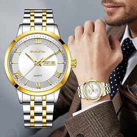 Montre homme Sunkta de luxe, style business, analogique, à quartz, étanche, affichage jour/date, bracelet en acier inoxydable bicolore argent/or, chiffres roma