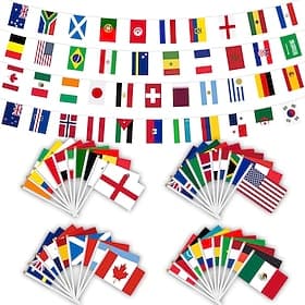 drapeaux portatifs de la Coupe du monde de football Ensemble de guirlandes de drapeaux, comprenant 48 drapeaux de pays sur bâtonnets et 48 guirlandes de drapea