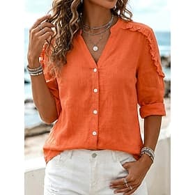 Women's Cotton Linen Shirts Blouse Ruffle Buttons Solid Color Elegant Vacation Ladies Long Sleeve V Neck Regular Tops Casual Daily Blue White Navy Blue Orange