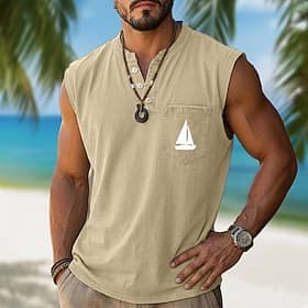 Homme Chemise 100% coton délavée à l'acide T-shirt sans manches Sans manches Henley Été Couleur Unie Océan Occasionnel Teinture en vêtement Délavé Lavage vinta
