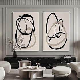 Ensemble de tableaux abstraits faits main, lignes noires et beiges, style minimaliste, décor mural en noir et blanc, lignes continues