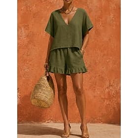 Femmes Ensembles en coton et lin Demi Manches Col en V Cordon de serrage A Volants Vacances Occasionnel Vert Véronèse Orange Été