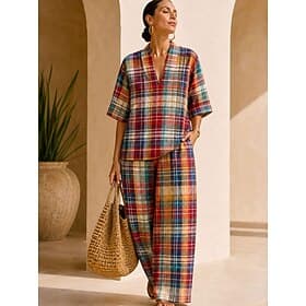 Femmes Chemise Ensembles de Pantalons Demi Manches Col en V Graphique Géométrique Rayé Imprimé Vacances Mode Streetwear Occasionnel Quotidien Extérieur Rouge B