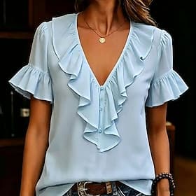 Femmes T-shirt A Volants Broderie Couleur Unie Élégant Manche Courte Col en V Hauts Réguliers Occasionnel Quotidien Jaune clair Noir Blanche Vert Claire Rose C