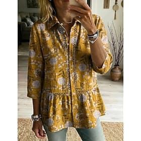 Femmes Chemise Haut à œillets Tunique Chemise Décontractée Œillet A Ombre Fleuri Graphique Élégant Bohème Actif Col Rabattu Hauts Réguliers Occasionnel Jaune R