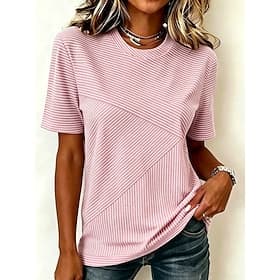 Women's T Shirt Print Striped Graphic Striped Stylish Classic Casual Short Sleeve Crew Neck Regular Tops Casual Daily Blue Pink Purple Summer Spring