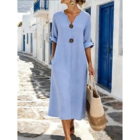 Femmes Robe Midi Robe Décontractée Robe gilet Basique Classique Quotidien Vacances Coupe régulière Uni Manche 3/4 Col en V Blanche Rose Claire Bleu Ciel Vert É