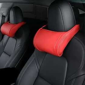 Lot de 2 coussins de voyage rouges pour la nuque, en similicuir PU et mousse à mémoire de forme, compatibles avec Tesla Model 3, Model Y, S et X. Soutien ergon