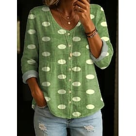 Femmes Chemise Froncé Boutons Graphique À pois Élégant Bohème Vacances Col en V Hauts Longs Occasionnel Vert Été Printemps